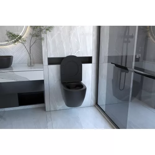 Комплект подвесной унитаз ABBER Bequem AC1100MB черный матовый с инсталляцией AC0105 и кнопкой AC0120MB черная матовая, Выбрать цвет: Чёрный, Внешний вид: квадратная кнопка, изображение 3