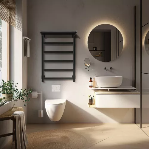 Полотенцесушитель Secado Корсико 1 СП,с полочкой, водяной, ЧЕРНЫЙ МАТОВЫЙ, Выбрать цвет: Черный, Выбрать размер: 40х60, изображение 2