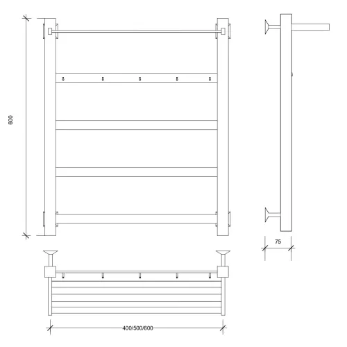 Полотенцесушитель Secado Корсико 1 КСП, с крючками и полочкой, водяной, ЧЕРНЫЙ МАТОВЫЙ, Выбрать цвет: Черный, Выбрать размер: 40х60, изображение 3