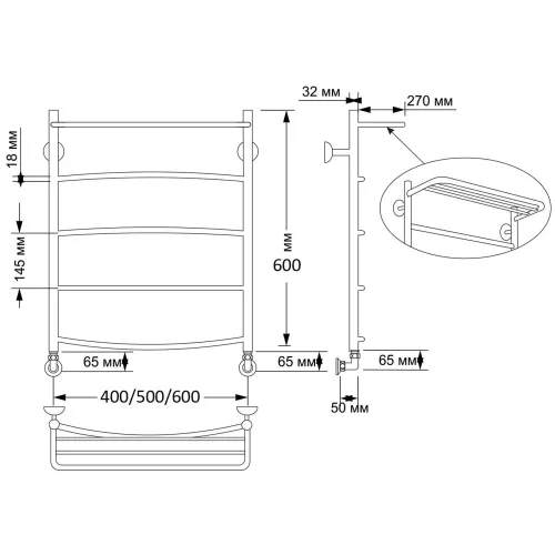 Полотенцесушитель латунный Secado Милан 4 с полочкой, водяной, бронза, Выбрать размер: 40х60, изображение 2