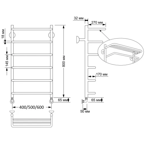 Полотенцесушитель латунный Secado Мерида 2 с полочкой , водяной, бронза, Выбрать размер: 40х80, изображение 3