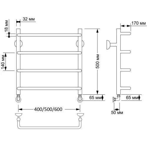 Полотенцесушитель латунный Secado Мерида 1 водяной, бронза, Выбрать размер: 40х60, изображение 3