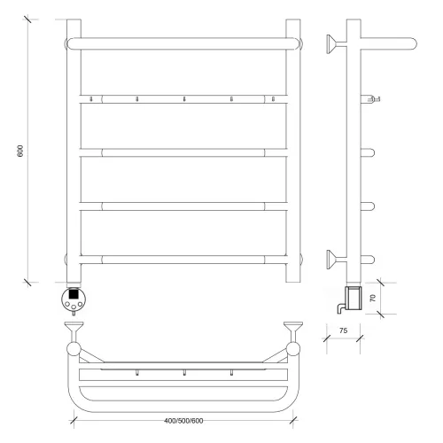 Полотенцесушитель Secado Агата 1 КСП , с крючками и полочкой, электрический L/R хром, Выбрать размер: 40х60, Ориентация: левая, изображение 5