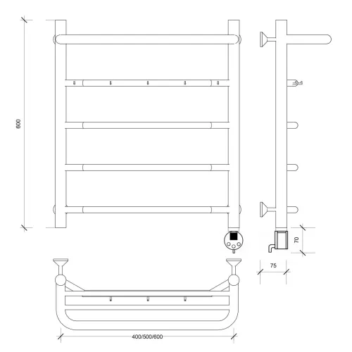 Полотенцесушитель Secado Агата 1 КСП , с крючками и полочкой, электрический L/R хром, Выбрать размер: 40х60, Ориентация: левая, изображение 6