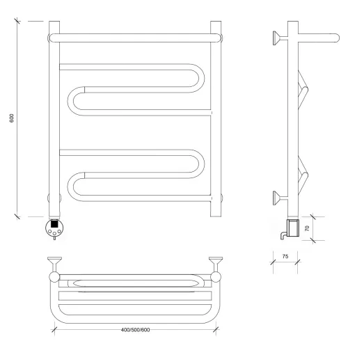 Полотенцесушитель Secado Валенсия 1 СП с полочкой , электрический L/R  хром, Выбрать размер: 40х60, Ориентация: левая, изображение 5