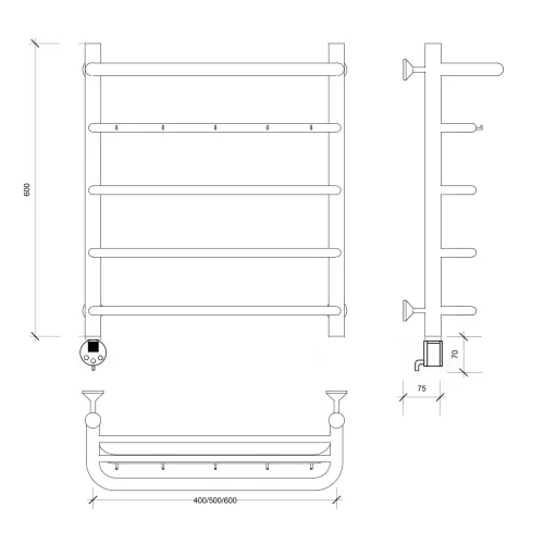 Полотенцесушитель Secado Мерида 1 КСП , с крючками и полочкой, электрический L/R хром, Выбрать размер: 40х60, Ориентация: левая, изображение 3