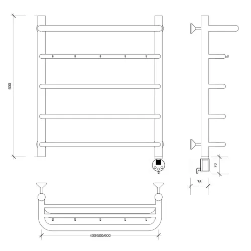 Полотенцесушитель Secado Мерида 1 КСП , с крючками и полочкой, электрический L/R хром, Выбрать размер: 40х60, Ориентация: левая, изображение 4