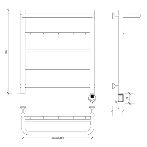 Полотенцесушитель Secado Триада 1 КСП , с крючками и полочкой , электрический L/R хром, Выбрать размер: 40х60, Ориентация: левая, изображение 8