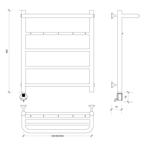 Полотенцесушитель Secado Триада 1 КСП , с крючками и полочкой , электрический L/R хром, Выбрать размер: 40х60, Ориентация: левая, изображение 7