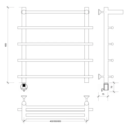 Полотенцесушитель Secado Турин 1 СП , с полочкой, электрический L/R хром, Выбрать размер: 50х60, Ориентация: левая, изображение 5
