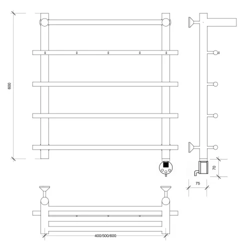 Полотенцесушитель Secado Турин 1 КСП, с крючками и полочкой,  электрический L/R  хром, Выбрать размер: 50х60, Ориентация: левая, изображение 8