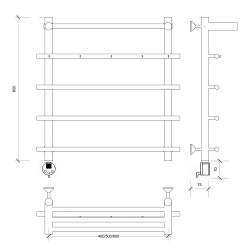 Полотенцесушитель Secado Турин 1 КСП, с крючками и полочкой,  электрический L/R  хром, Выбрать размер: 50х60, Ориентация: левая, изображение 7