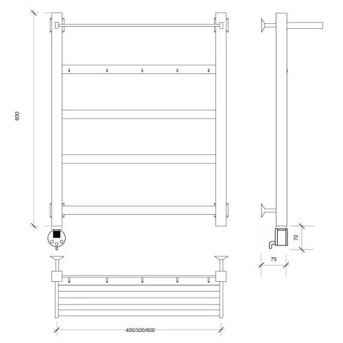 Полотенцесушитель Secado Корсико 1 КСП , с крючками и полочкой, электрический L/R  хром, Выбрать размер: 40х60, Ориентация: левая, изображение 4