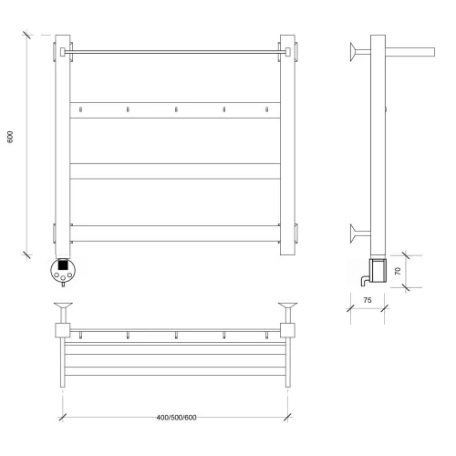 Полотенцесушитель Secado Комано 1 КСП , с крючками и полочкой, электрический L/R  хром, Выбрать размер: 40х60, Ориентация: левая, изображение 4