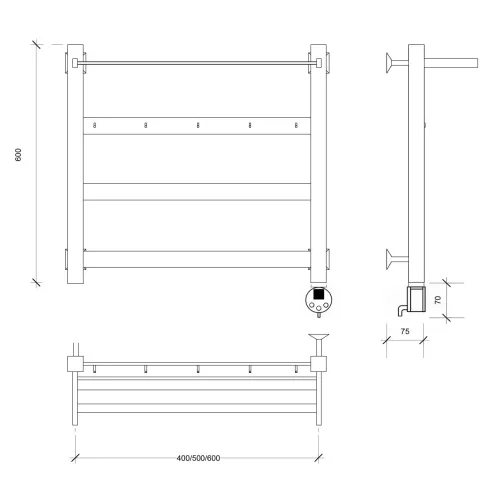Полотенцесушитель Secado Комано 1 КСП , с крючками и полочкой, электрический L/R  хром, Выбрать размер: 40х60, Ориентация: левая, изображение 5