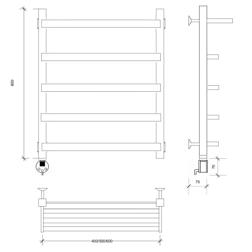 Полотенцесушитель Secado Корсано 1 СП , с полочкой , электрический L/R черный матовый, Выбрать размер: 40х60, Ориентация: левая, изображение 5