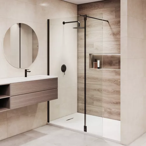 Душевая перегородка RGW WA-050B (WA-002B + Z-070B), Цвет стекла: прозрачное, Цвет профиля: Черный, Выбрать размер: 60