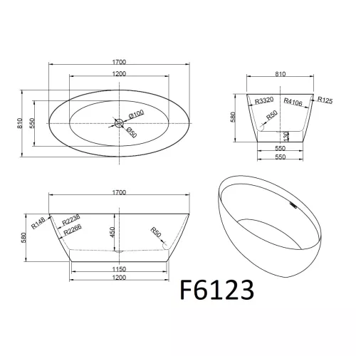 Ванна акриловая Frank F6123 White/Black  170х81, Выбрать цвет: Белый / Черный, изображение 8