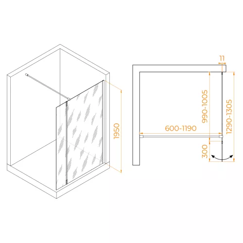 Душевая перегородка RGW WA-050W (WA-002W + Z-070W), Цвет стекла: прозрачное, Цвет профиля: Белый, Выбрать размер: 100, изображение 2