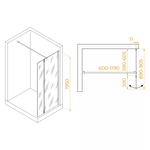 Душевая перегородка RGW WA-050B (WA-002B + Z-070B), Цвет стекла: прозрачное, Цвет профиля: Черный, Выбрать размер: 60, изображение 2