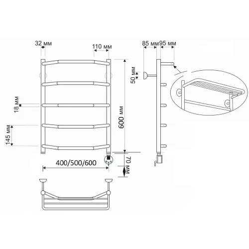 Полотенцесушитель латунный Secado Агата 3, с полочкой , электрический L/R бронза, Выбрать размер: 40х60, Ориентация: левая, изображение 5