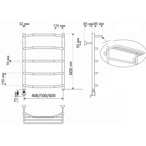 Полотенцесушитель латунный Secado Агата 3, с полочкой , электрический L/R бронза, Выбрать размер: 40х60, Ориентация: левая, изображение 4