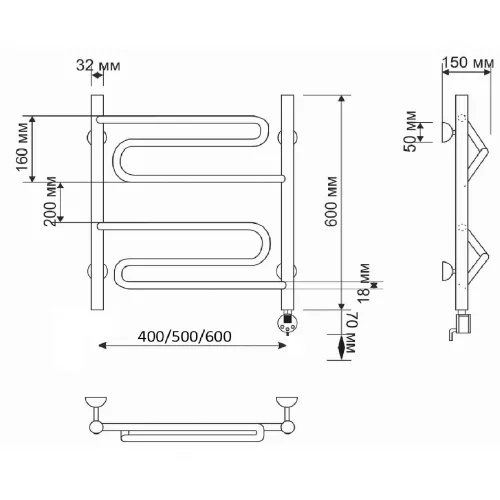 Полотенцесушитель латунный Secado Валенсия , электрический L/R бронза, Выбрать размер: 40х60, Ориентация: левая, изображение 5