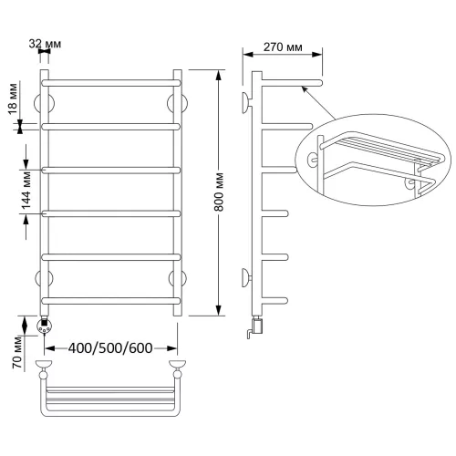 Полотенцесушитель латунный Secado Мерида 2 , с полочкой , электрический L/R  бронза, Выбрать размер: 40х80, Ориентация: левая, изображение 4