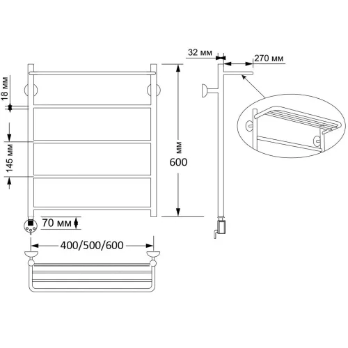 Полотенцесушитель латунный Secado Триада 4 , с полочкой , электрический L/R  бронза, Выбрать размер: 40х60, Ориентация: левая, изображение 4