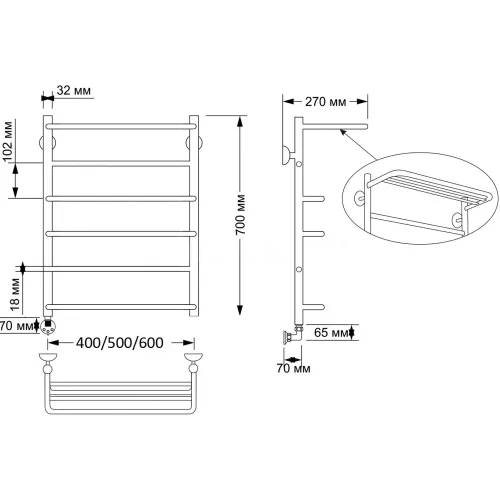 Полотенцесушитель латунный Secado Верона 2 , с полочкой , электрический L/R бронза, Выбрать размер: 40х70, Ориентация: левая, изображение 4