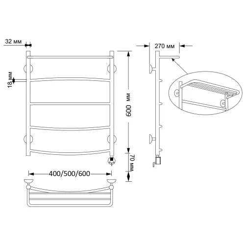 Полотенцесушитель латунный Secado Милан 4, сполочкой , электрический L/R  бронза, Выбрать размер: 40х60, Ориентация: левая, изображение 5