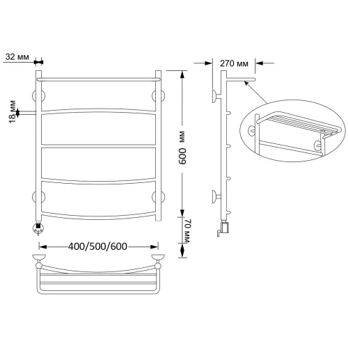 Полотенцесушитель латунный Secado Милан 4, сполочкой , электрический L/R  бронза, Выбрать размер: 40х60, Ориентация: левая, изображение 4