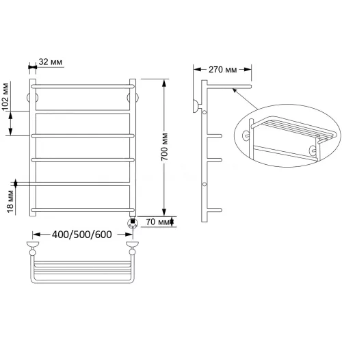Полотенцесушитель латунный Secado Верона 2 , с полочкой , электрический L/R бронза, Выбрать размер: 40х70, Ориентация: левая, изображение 5