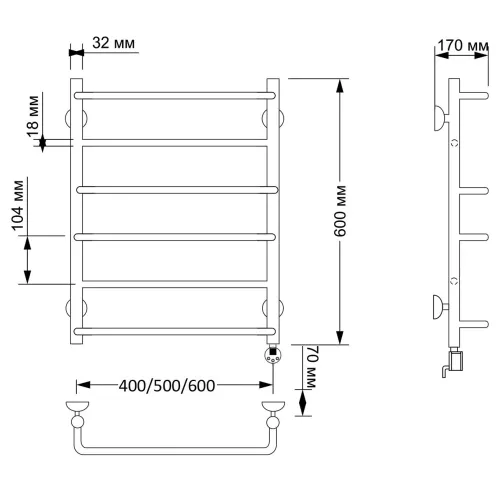 Полотенцесушитель латунный Secado Верона 1 электрический L/R  бронза, Выбрать размер: 40х60, Ориентация: левая, изображение 5