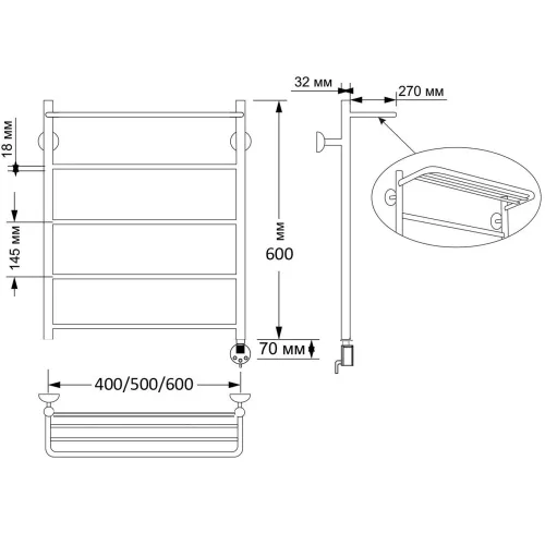 Полотенцесушитель латунный Secado Триада 4 , с полочкой , электрический L/R  бронза, Выбрать размер: 40х60, Ориентация: левая, изображение 5