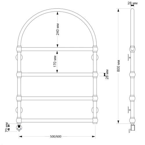 Полотенцесушитель латунный Secado Римини  электрический L/R  бронза, Выбрать размер: 50х80, Ориентация: левая, изображение 4