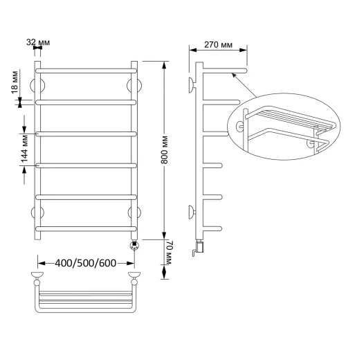 Полотенцесушитель латунный Secado Мерида 2 , с полочкой , электрический L/R  бронза, Выбрать размер: 40х80, Ориентация: левая, изображение 5