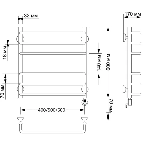 Полотенцесушитель латунный Secado Мерида 3 электрический L/R  бронза, Выбрать размер: 40х60, Ориентация: левая, изображение 5