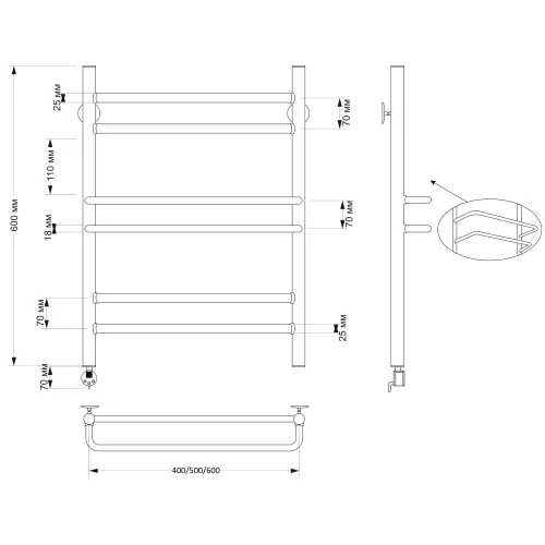 Полотенцесушитель латунный Secado Триест , электрический L/R  бронза, Выбрать размер: 40х60, Ориентация: левая, изображение 4