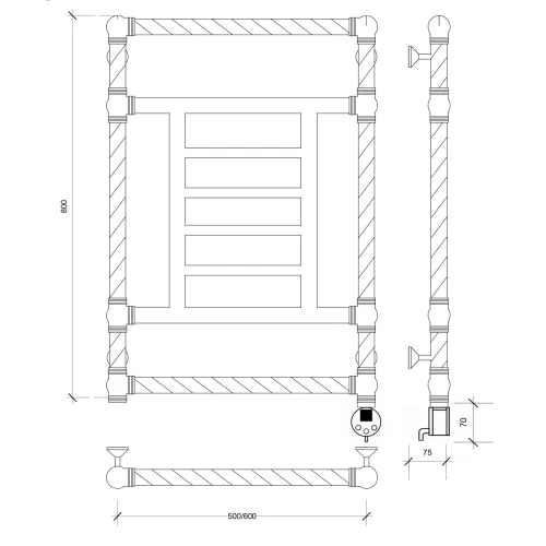 Полотенцесушитель латунный Secado Фалерони 3 Trenza  электрический L/R  бронза, Выбрать размер: 50х80, Ориентация: левая, изображение 5