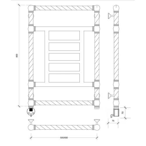 Полотенцесушитель латунный Secado Фалерони 3 Trenza  электрический L/R  бронза, Выбрать размер: 50х80, Ориентация: левая, изображение 4