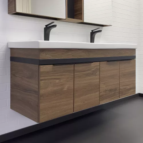 Тумба-умывальник Comforty Дуэт-125 дуб тёмно-коричневый с раковиной на две чаши Гармония 125