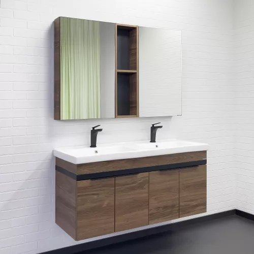 Тумба-умывальник Comforty Дуэт-125 дуб тёмно-коричневый с раковиной на две чаши Гармония 125, изображение 2