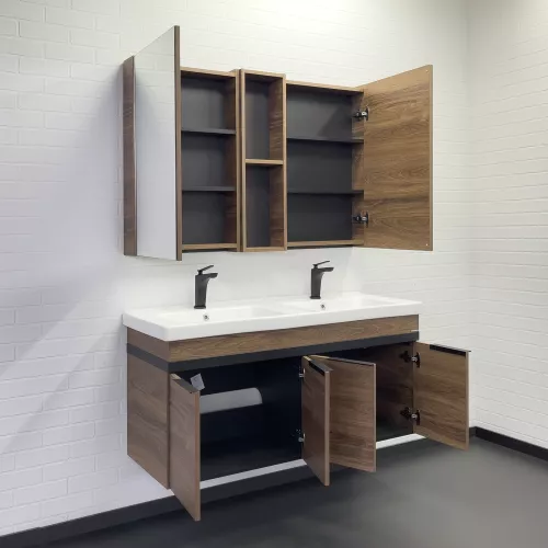 Тумба-умывальник Comforty Дуэт-125 дуб тёмно-коричневый с раковиной на две чаши Гармония 125, изображение 3