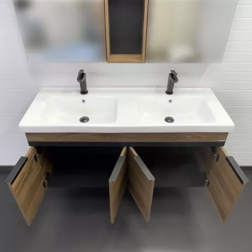 Тумба-умывальник Comforty Дуэт-125 дуб тёмно-коричневый с раковиной на две чаши Гармония 125, изображение 5