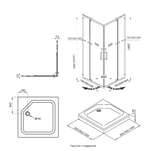 Душевое ограждение Triton "КАППА-ХРОМ" (низкий  поддон) квадрат 90х90, Цвет профиля: Хром, изображение 3