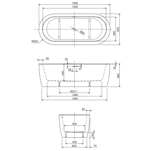 Ванна акриловая  CEZARES SLIM CENTRAL-180-80-60-NERO-SET  180х80, Выбрать цвет: Черный матовый, изображение 3