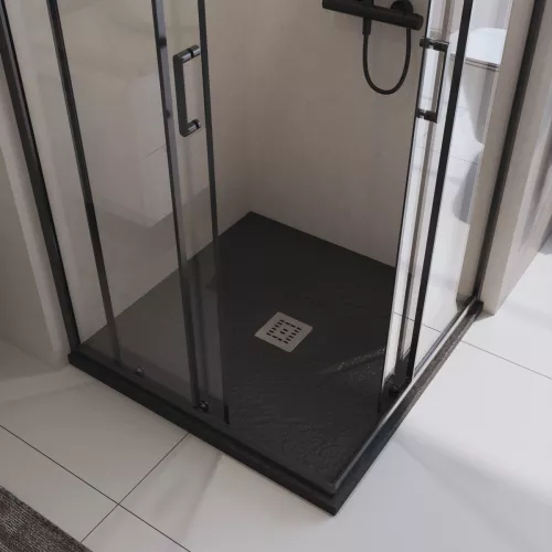 Душевой поддон из искусственного мрамора BelBagno UNO TRAY-MR-UNO-A-90-35-NERO-CR  в комплекте с сифоном, Выбрать цвет: Черный матовый, Тип поддона: Низкий, Выбрать размер: 90х90, изображение 5
