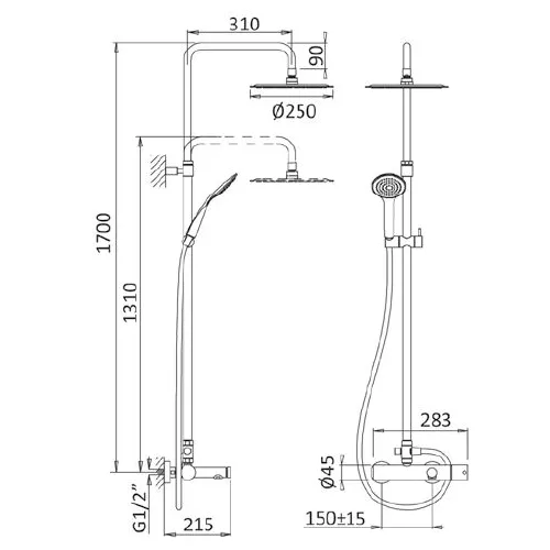 Душевая стойка с верхним и ручным душем CEZARES CZR-B-CVD-NOP, Выбрать цвет: Чёрный, изображение 2