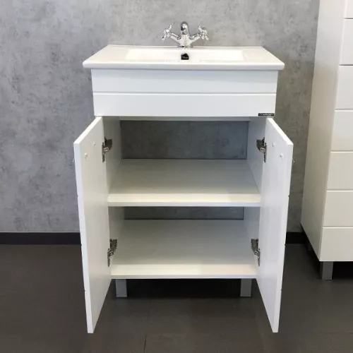 COMFORTY. Тумба-умывальник "Модена М-60/75/90" белая матовая  с раковиной Quadro, Выбрать размер: 60, Выбрать цвет: Белый глянец, Комплектация: раковина Quadro 60, изображение 2